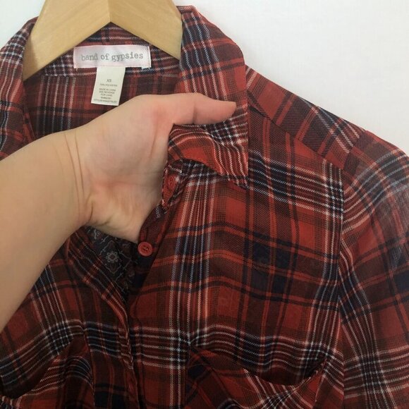 URBAN OUTFITTERS BAND OF GYPSIES Red Navy Plaid Geo Boho Sheer Button Down Shirt - Picture 7 of 8